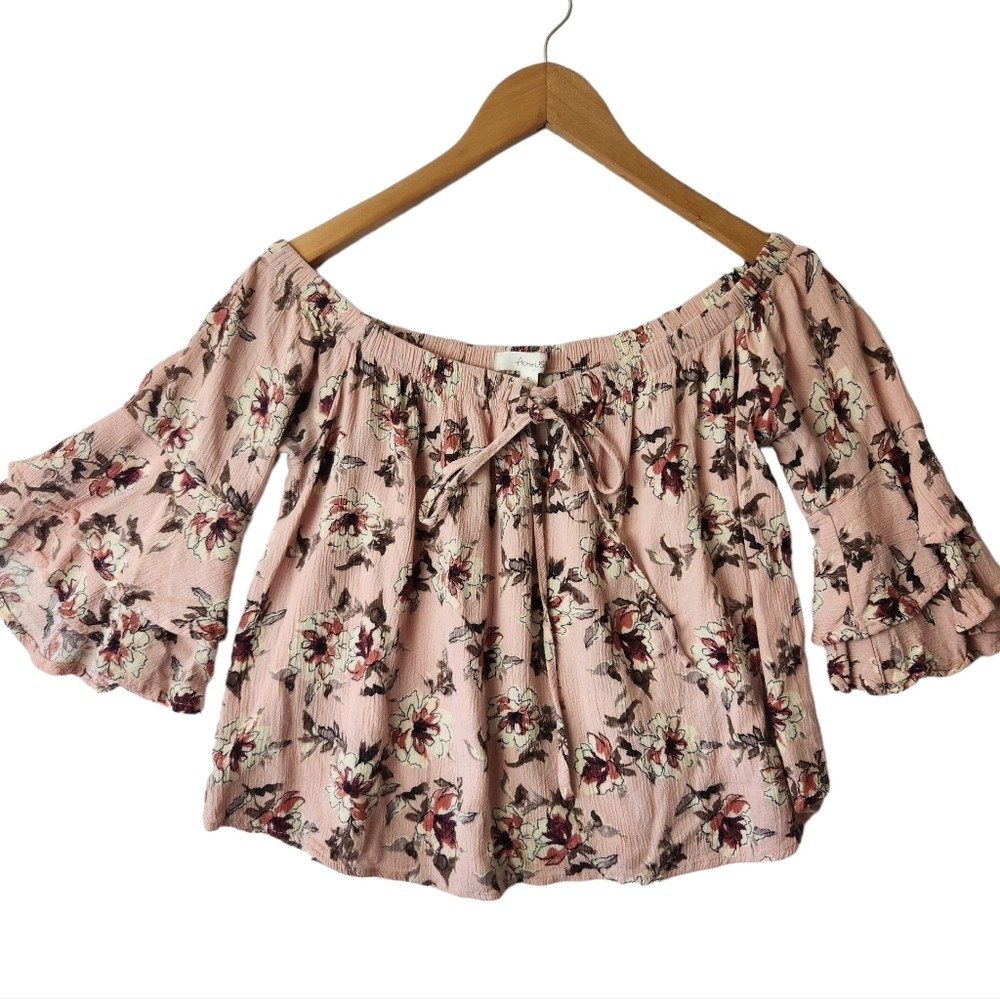 Active USA Floral Off Shoulder Cropped Rayon Blouse Womens Size S